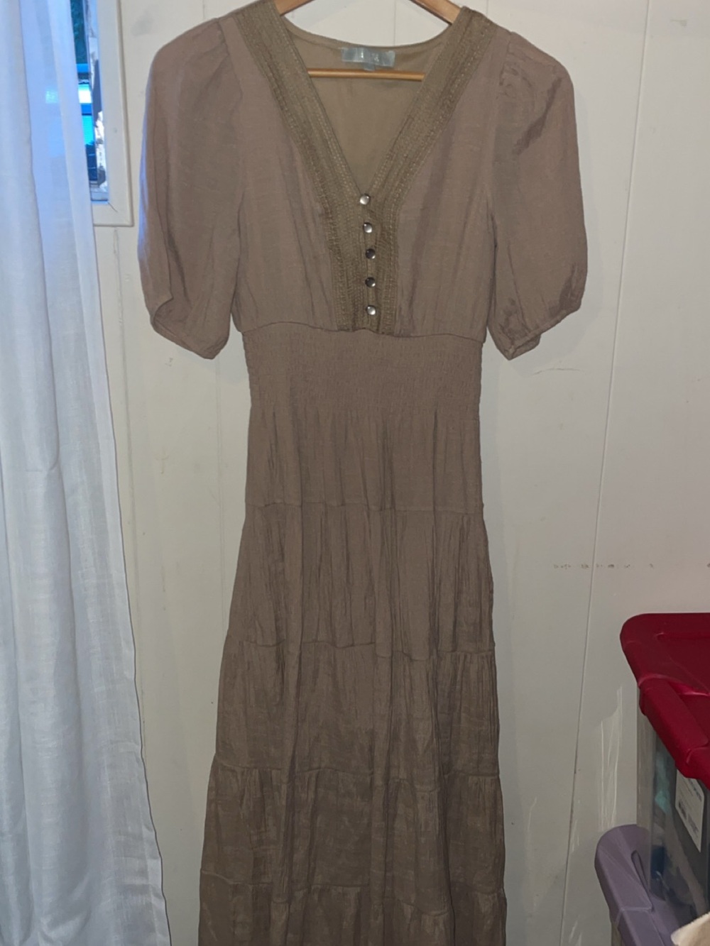 Taupe V-Neck Tiered Maxi Dress with Button Front